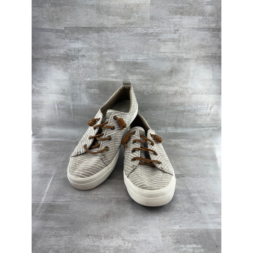 Sperry Crest Vibe Women Sz 8.5 Taupe White Striped Canvas Sneakers STS83582